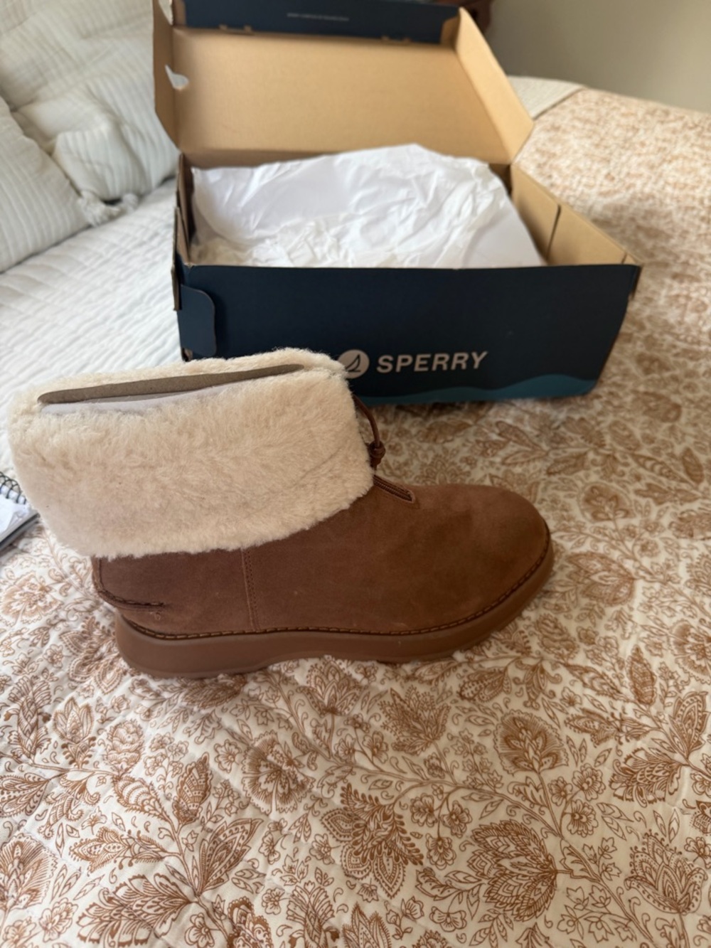 Sperry Chestnut Brown Suede Ankle Boot with Cream Shearling Cuff